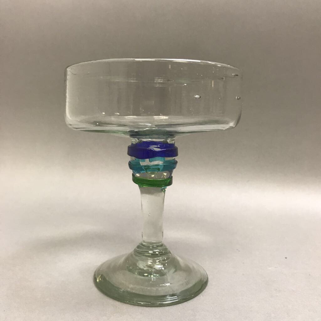 Margarita Glass Mexican Hand Blown Thick Glass Blue Green Bands On Stem