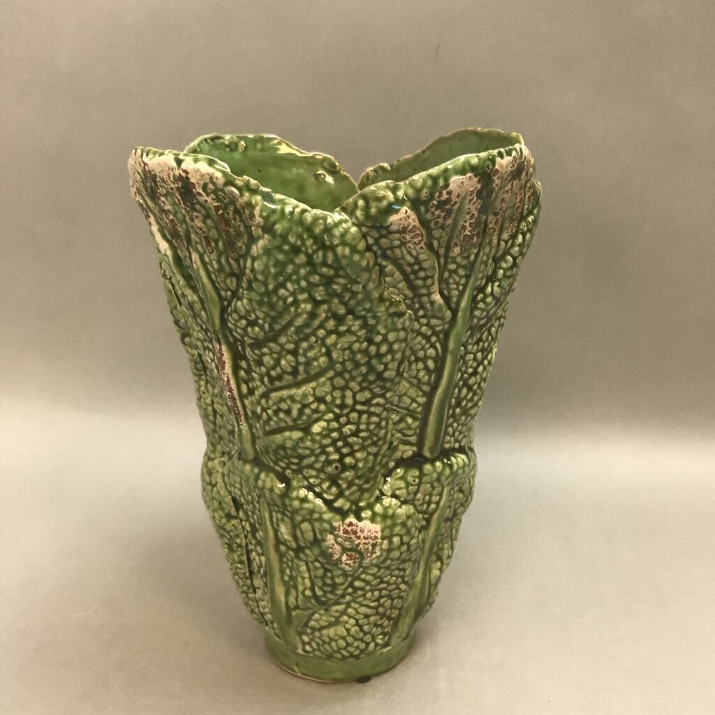 Green Glazed Pottery Vase Lettuce / Cabbage Leaves As Is (9.5