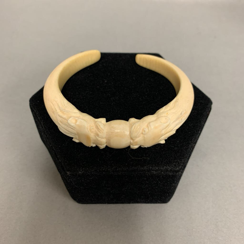 Vintage Carved Bone Double Dragon Cuff Bracelet (2.5