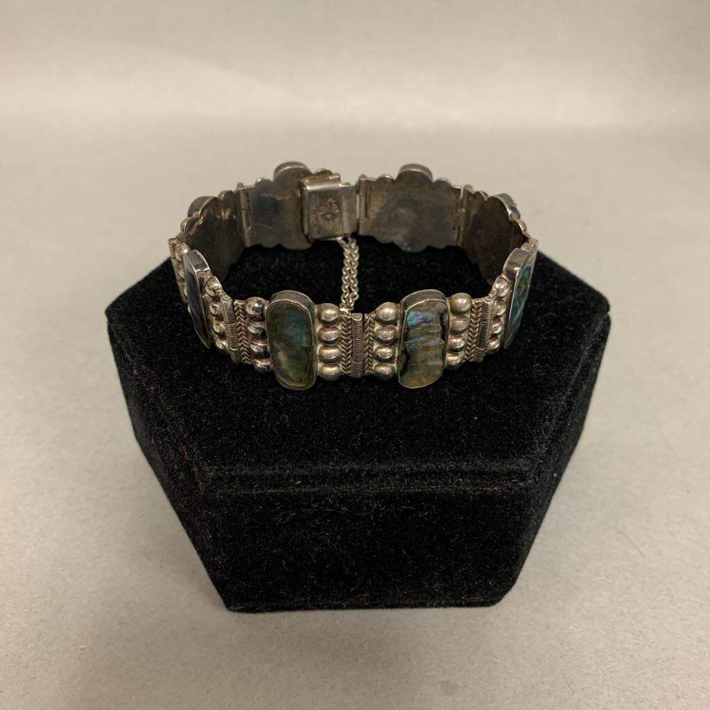 Vintage Mexican 925 Sterling Abalone Link Bracelet Signed (6.5