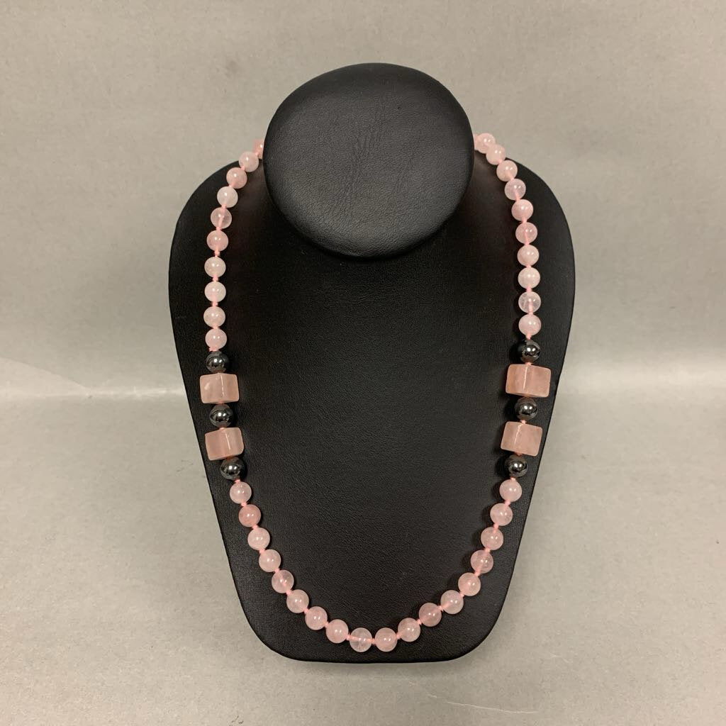 Rose Quartz Hematite Bead Knotted Strand Necklace (28