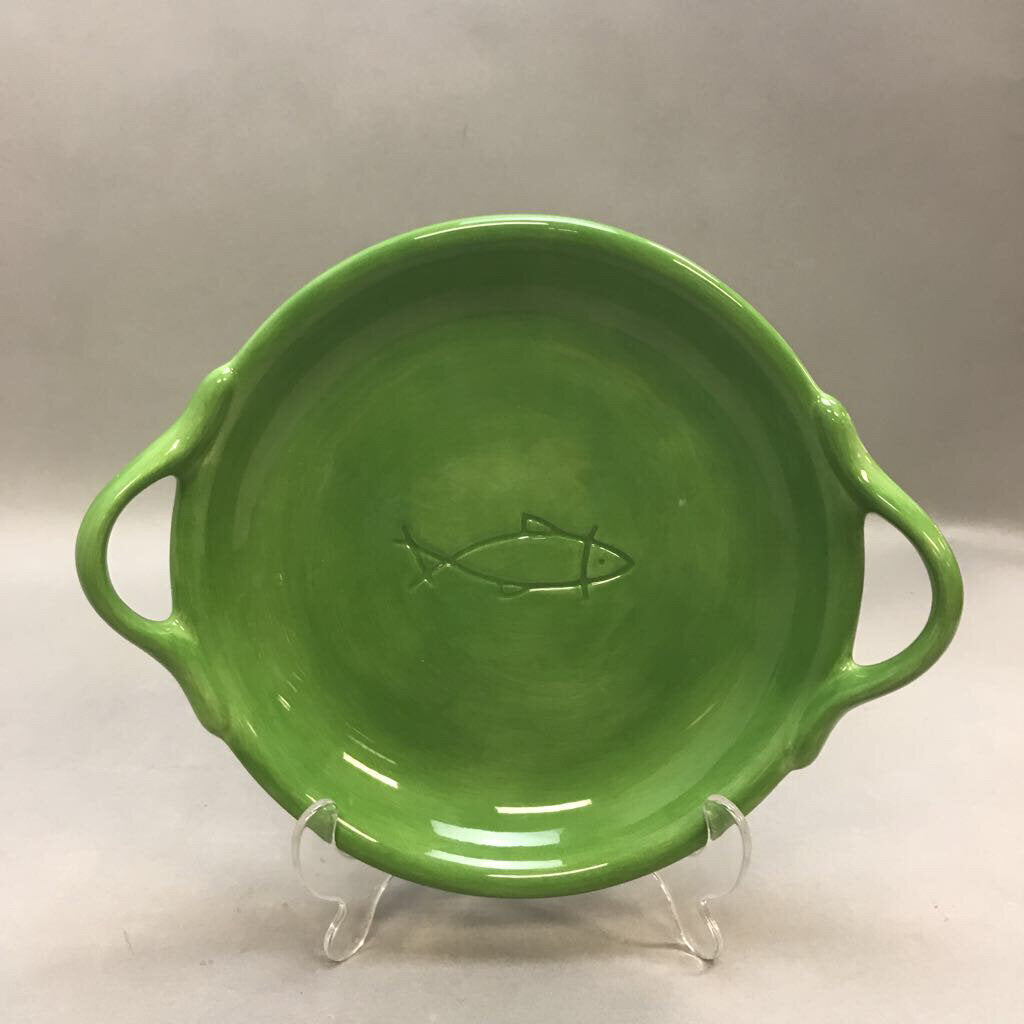 Pottery Barn Green Glazed Handled Serving Dish (9