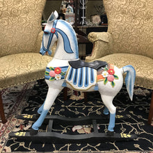 Load image into Gallery viewer, Blue &amp; White Wooden Rocking Horse (As-Is) (~34x9x36)
