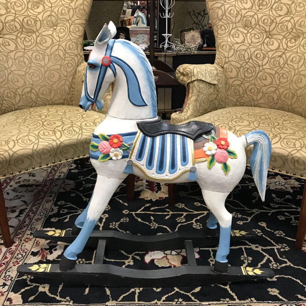 Blue & White Wooden Rocking Horse (As-Is) (~34x9x36)