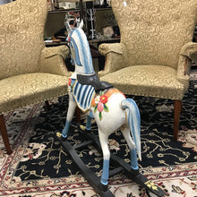 Load image into Gallery viewer, Blue &amp; White Wooden Rocking Horse (As-Is) (~34x9x36)
