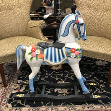 Load image into Gallery viewer, Blue &amp; White Wooden Rocking Horse (As-Is) (~34x9x36)
