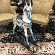 Load image into Gallery viewer, Blue &amp; White Wooden Rocking Horse (As-Is) (~34x9x36)
