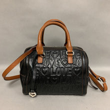 Load image into Gallery viewer, Brighton Embossed Black Leather Brown Trim Deeply in Love Satchel Purse (7x9x4&quot;)
