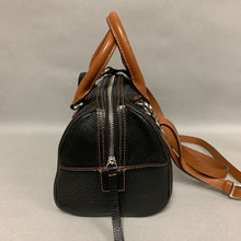 Load image into Gallery viewer, Brighton Embossed Black Leather Brown Trim Deeply in Love Satchel Purse (7x9x4&quot;)
