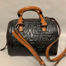 Load image into Gallery viewer, Brighton Embossed Black Leather Brown Trim Deeply in Love Satchel Purse (7x9x4&quot;)
