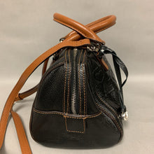 Load image into Gallery viewer, Brighton Embossed Black Leather Brown Trim Deeply in Love Satchel Purse (7x9x4&quot;)
