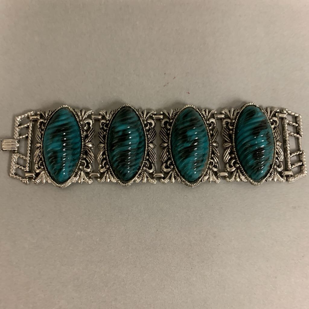 Vintage Faux Turquoise Silvertone Link Statement Bracelet (7
