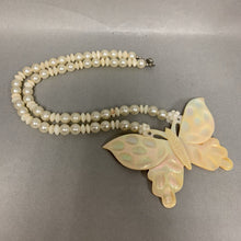 Load image into Gallery viewer, Vintage Carved Large Mother of Pearl Butterfly Faux Pearl Beaded Necklace (24&quot;)
