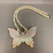 Load image into Gallery viewer, Vintage Carved Large Mother of Pearl Butterfly Faux Pearl Beaded Necklace (24&quot;)
