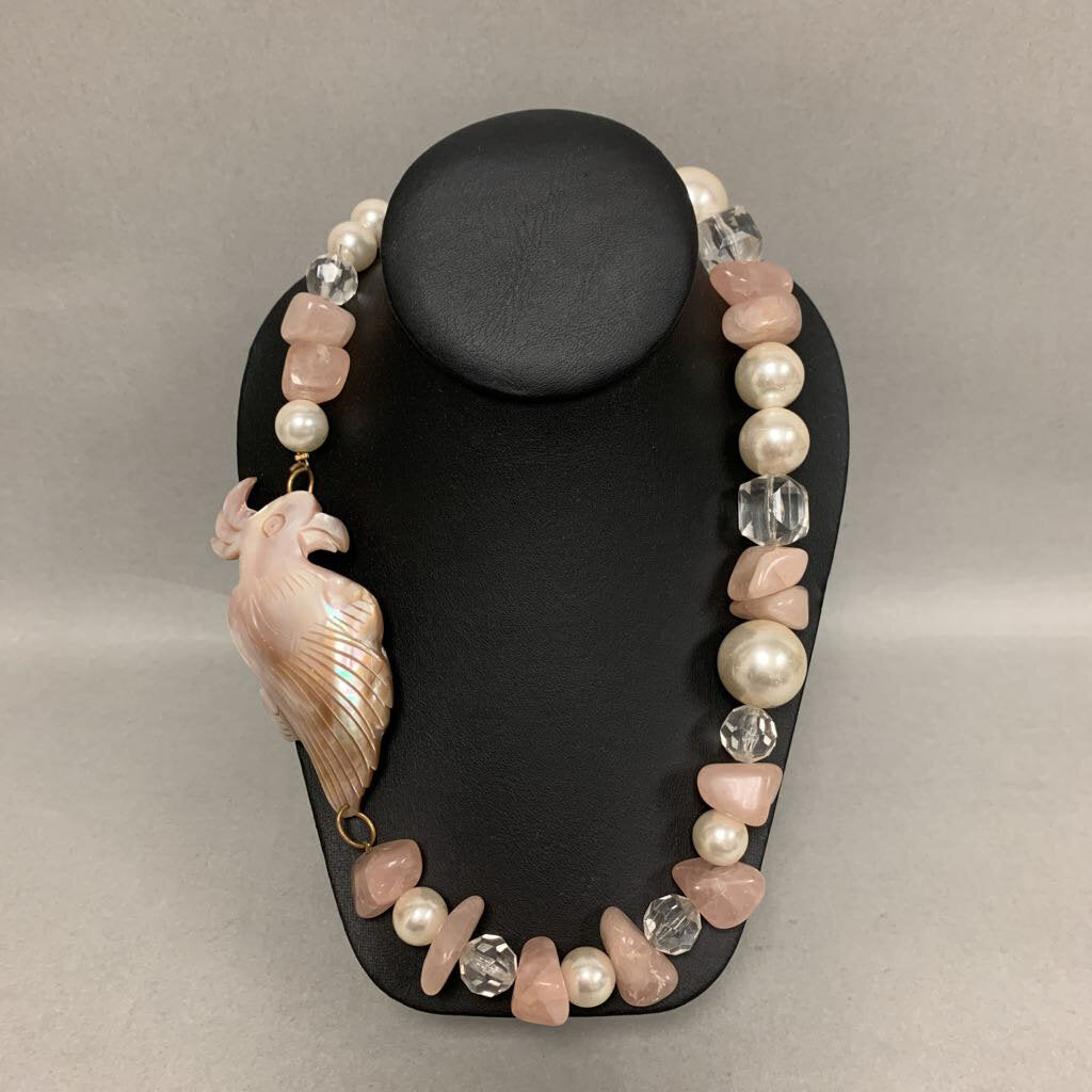 Vintage Large Carved Mother of Pearl Bird Faux Pearl Rose Quartz Beaded Necklace (32