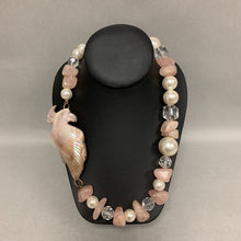 Load image into Gallery viewer, Vintage Large Carved Mother of Pearl Bird Faux Pearl Rose Quartz Beaded Necklace (32")
