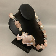 Load image into Gallery viewer, Vintage Large Carved Mother of Pearl Bird Faux Pearl Rose Quartz Beaded Necklace (32&quot;)
