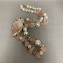 Load image into Gallery viewer, Vintage Large Carved Mother of Pearl Bird Faux Pearl Rose Quartz Beaded Necklace (32&quot;)
