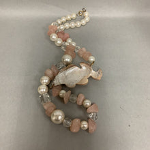 Load image into Gallery viewer, Vintage Large Carved Mother of Pearl Bird Faux Pearl Rose Quartz Beaded Necklace (32&quot;)
