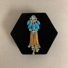 Load image into Gallery viewer, Vintage Hobe Teal Blue Rhinestone Goldtone Tassel Pendant (3&quot;)
