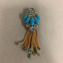 Load image into Gallery viewer, Vintage Hobe Teal Blue Rhinestone Goldtone Tassel Pendant (3&quot;)
