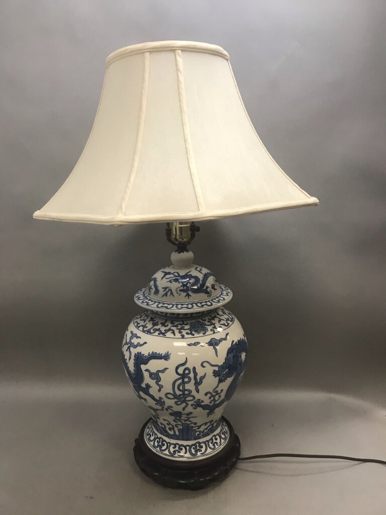 Chinese Blue & White Porcelain Ginger Jar Dragon Table Lamp (33