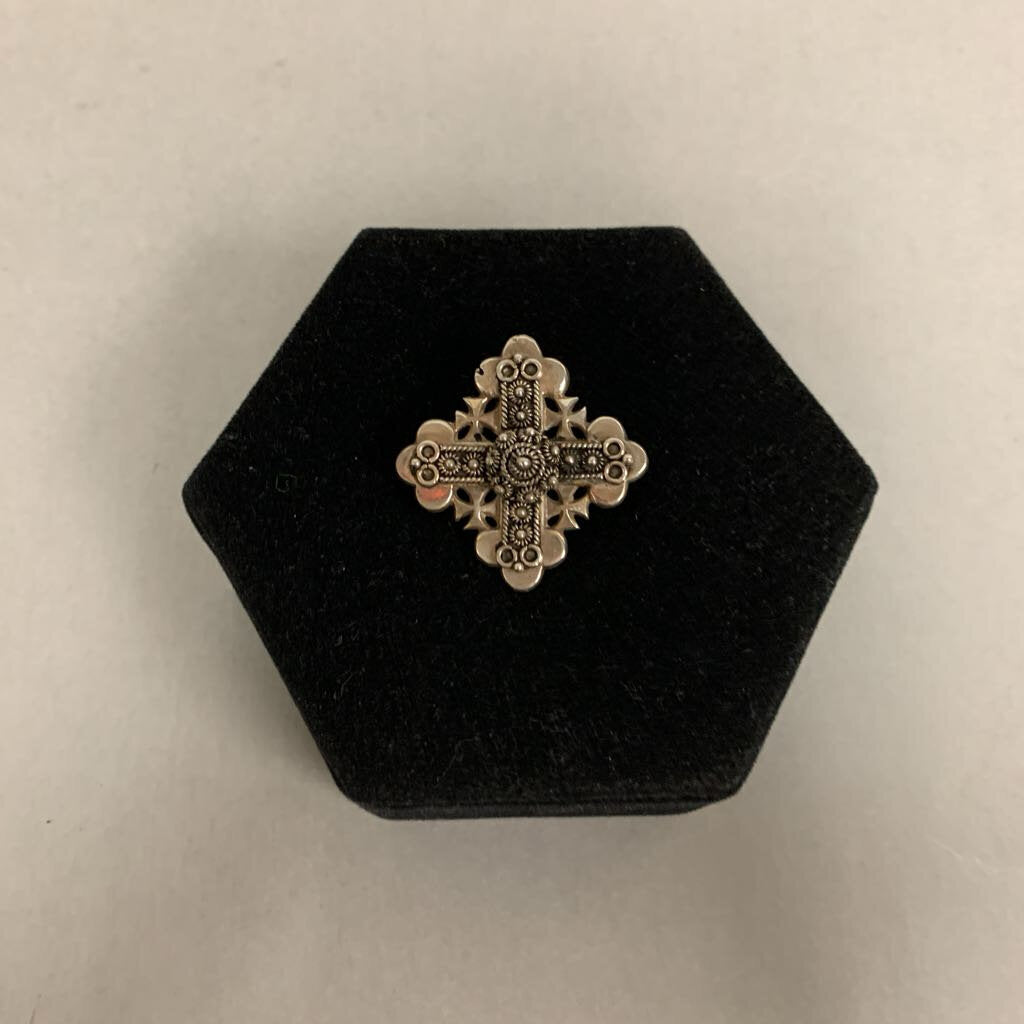 Jerusalem Cross 900 Silver Brooch Pin w/ Pendant Loop (1.5