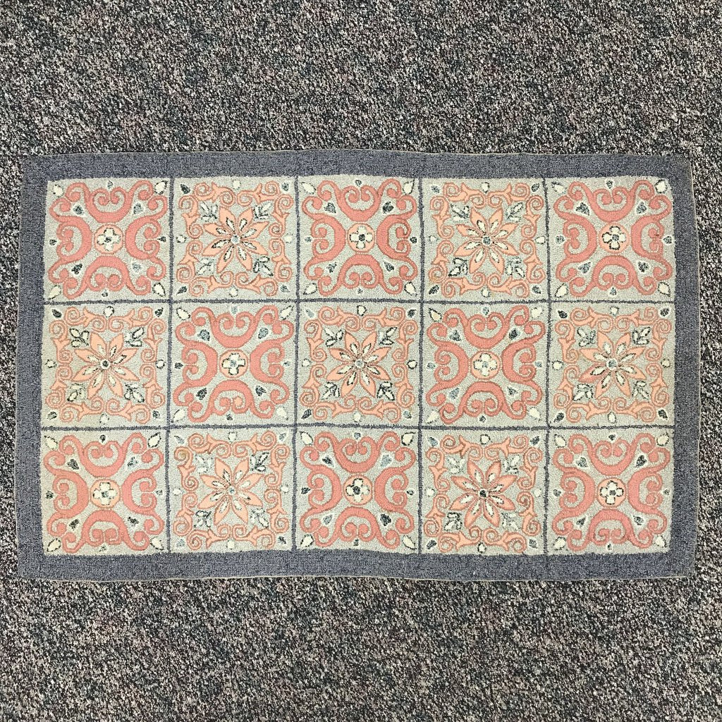 Antique Blue & Pink Floral Squares Hooked Accent Rug (40x25)