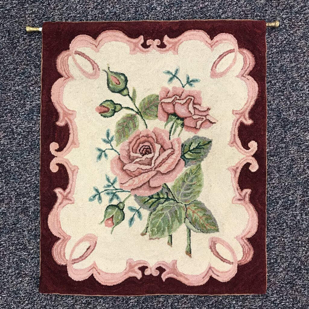 Antique Pink Rose Hooked Accent Rug, Hanging Tapestry (30x25)