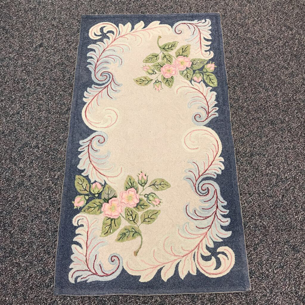 Antique Blue & Beige Hooked Accent Rug w/ Pink Flowers (67x36)