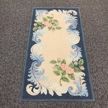 Load image into Gallery viewer, Antique Blue &amp; Beige Hooked Accent Rug w/ Pink Flowers (67x36)
