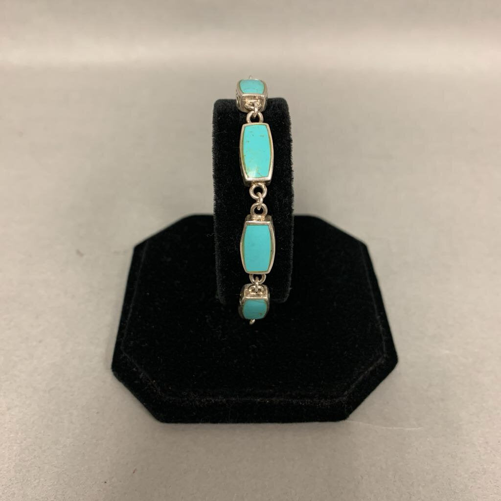 Sterling Turquoise Lapis Mother of Pearl Link Reversible Bracelet (7.5