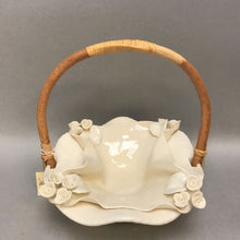 Load image into Gallery viewer, Clay Ornate Cream Pottery Basket with Bamboo Handle (8&quot;)

