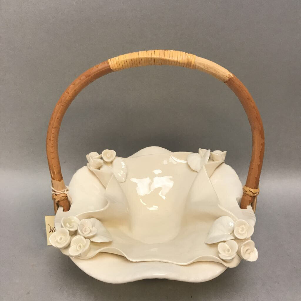 Clay Ornate Cream Pottery Basket with Bamboo Handle (8