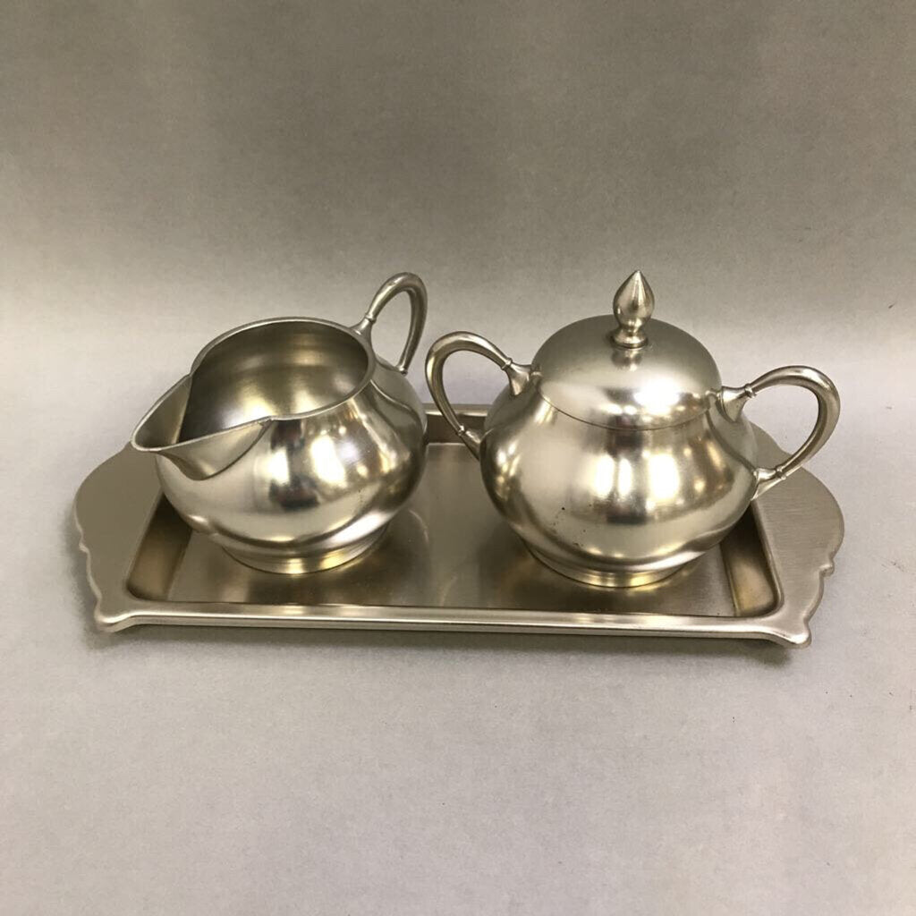 Metawa Holland Pewter Cream Pitcher & Sugar Bowl w/ Tray (4.75x11x5)