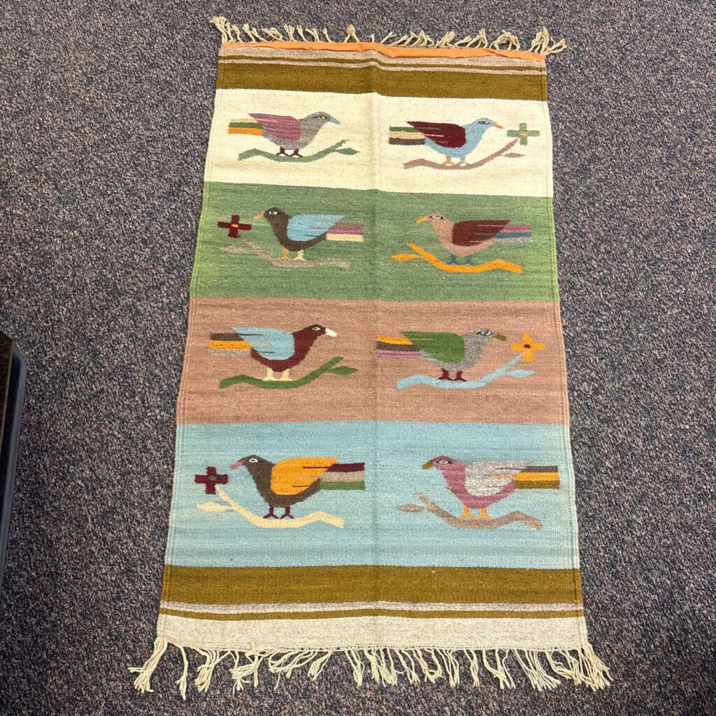 Wool Woven Bird Motif Rug (55x30) AS IS