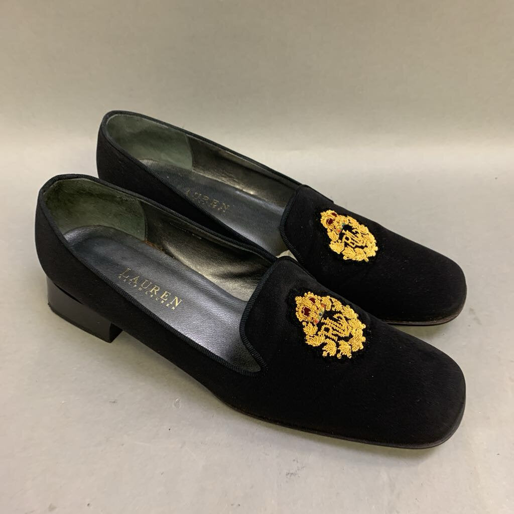 Ralph Lauren Black Embroidered Monogram Flats (sz 9.5)