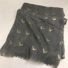 Load image into Gallery viewer, Pom Pom Charcoal Stag Metallic Print Pashmina Scarf
