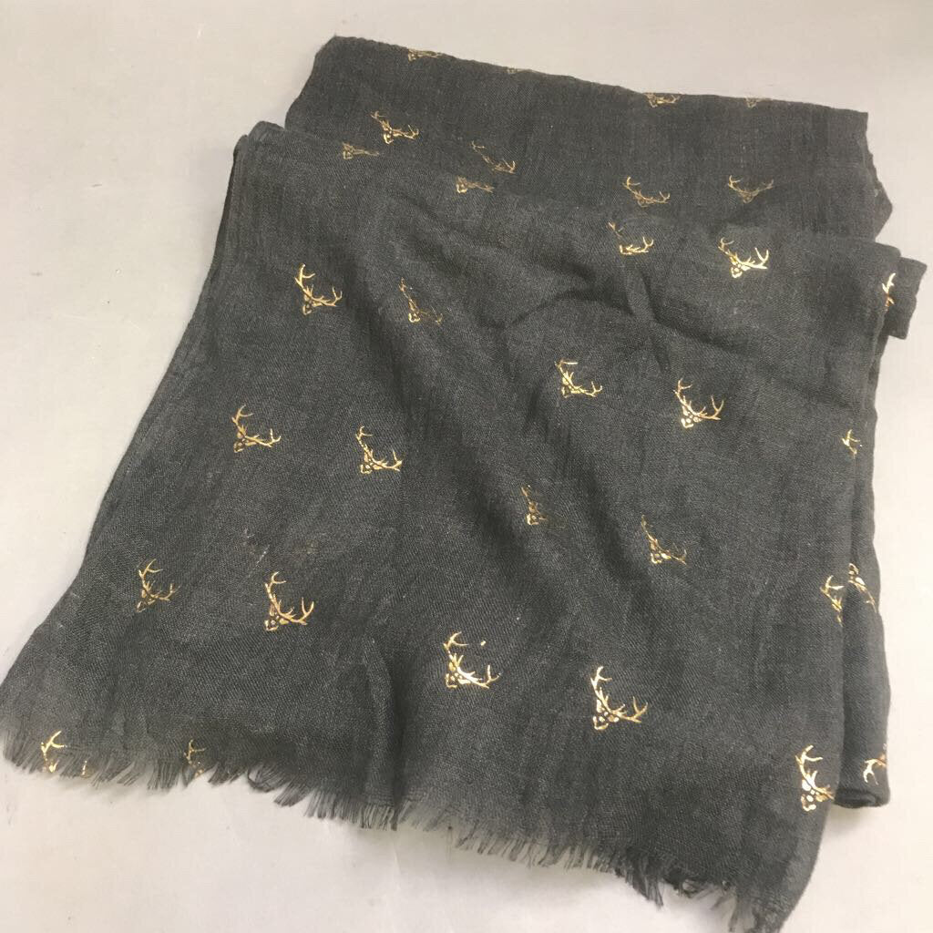 Pom Pom Charcoal Stag Metallic Print Pashmina Scarf