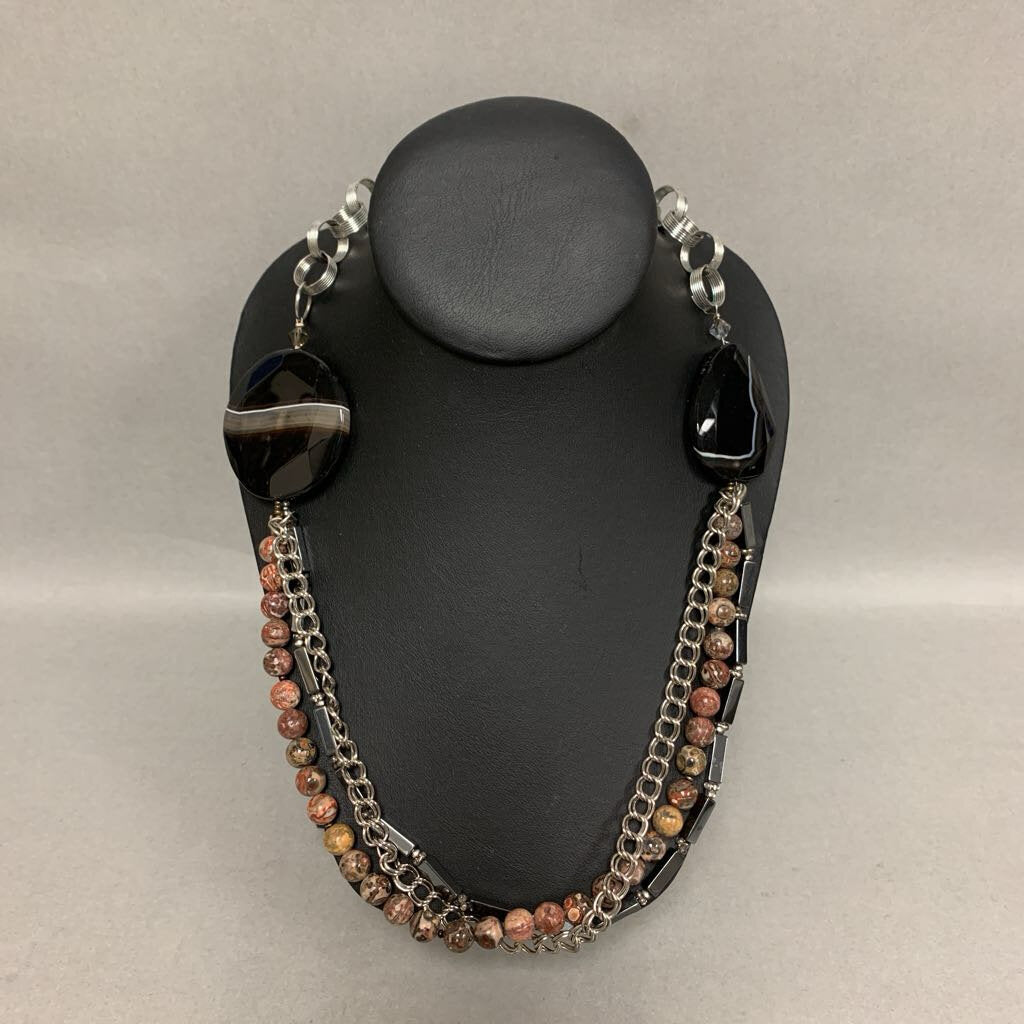 Agate Jasper Hematite Bead Layered Chain Necklace (30