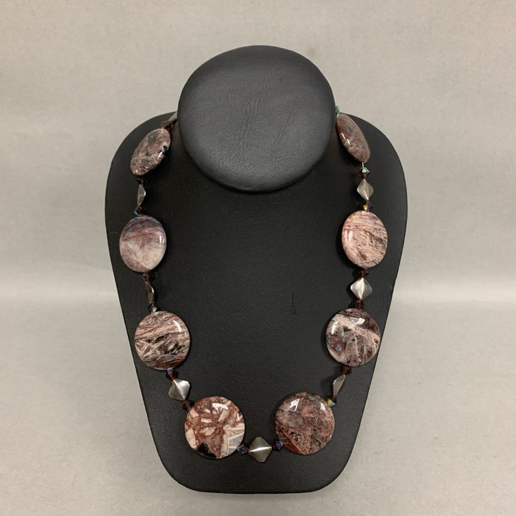 Agate Plum Crystal Silver Bead Necklace (20