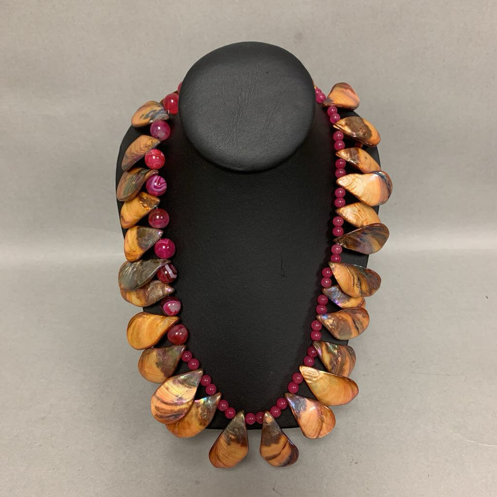 Magenta & Orange Dyed Agate & MOP Beaded Necklace (26