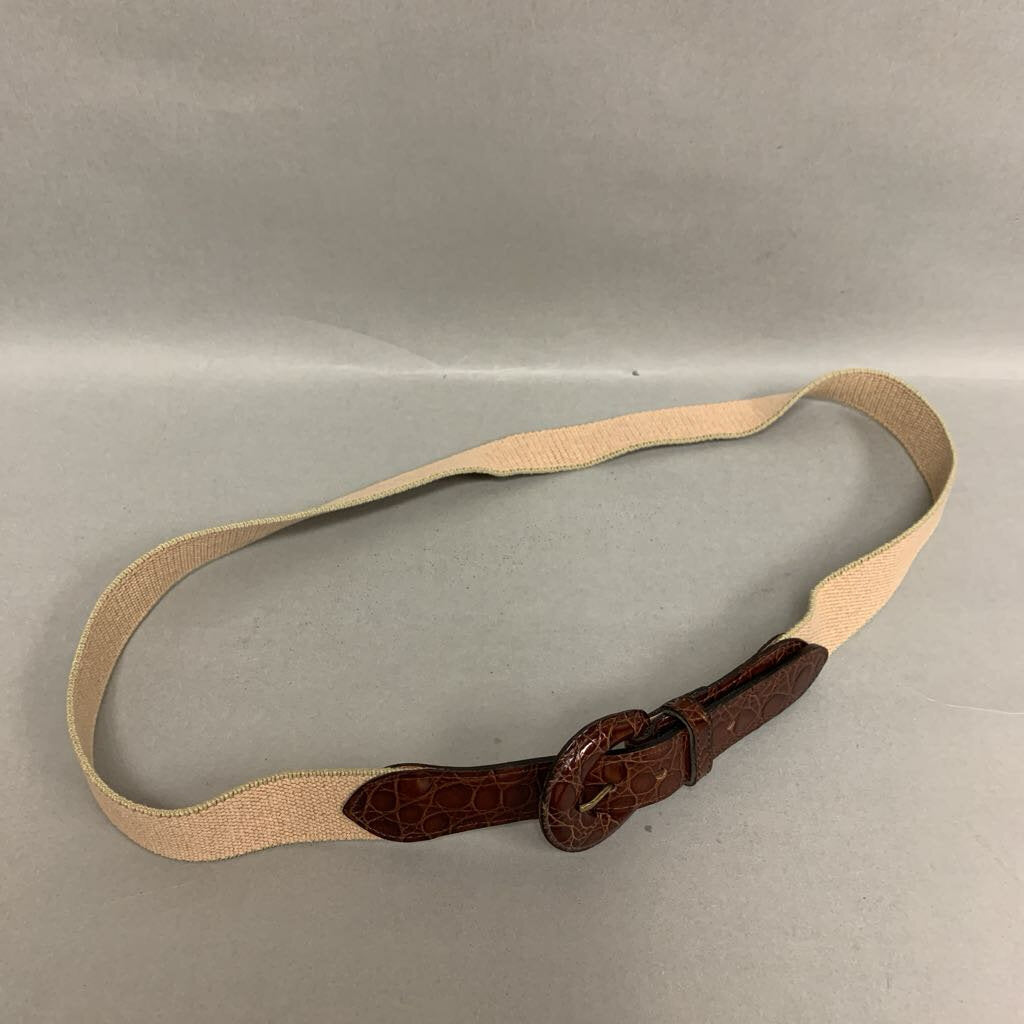 Brooks Brothers Tan Canvas Webbed Brown Leather Belt sz L