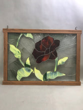 Load image into Gallery viewer, Framed Stained Glass Window Red/Green Flower (23x33)(As Is)
