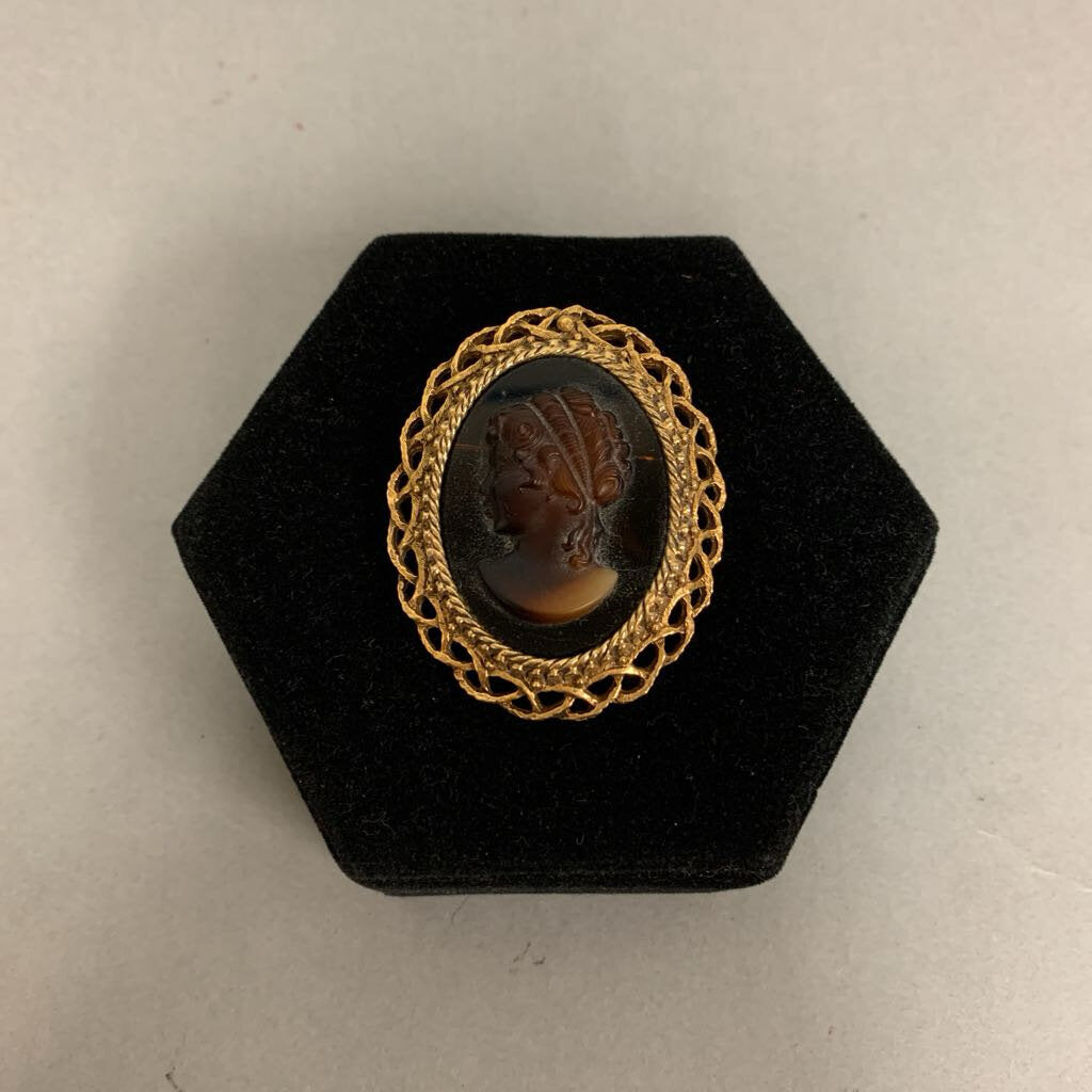 Vintage Florenza Faux Tortoise Cameo Brooch Pin (2.25
