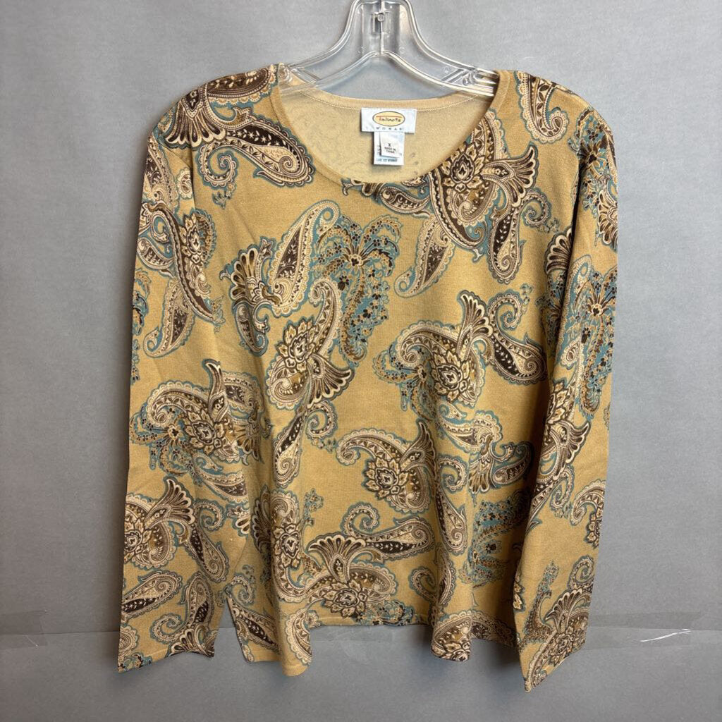 Talbots Silk Blend Brown Paisley Long Sleeve Shirt Size X