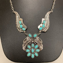 Load image into Gallery viewer, Mooncalf Handmade Faux Turquoise Feather Blossom Necklace (21&quot;)
