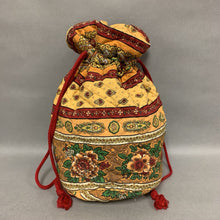 Load image into Gallery viewer, Yellow &amp; Maroon Print Quilted Drawstring Purse (14x12x6&quot;)
