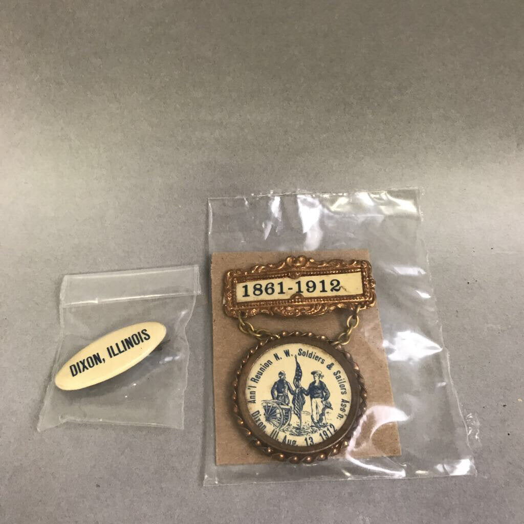 Antique Civil War Reunion Pins Dixon ILL (2 Piece)