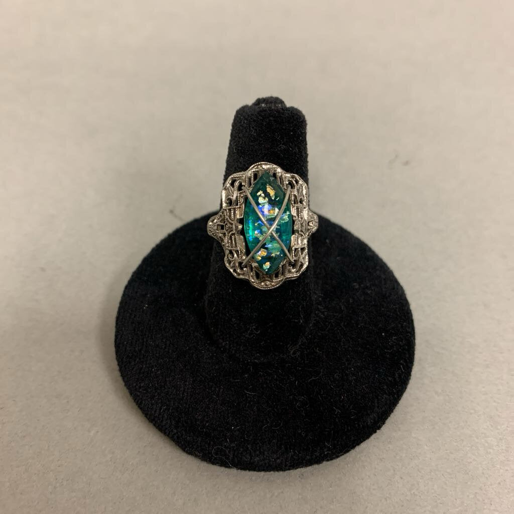 Vintage Sterling Dichroic Glass Filigree Ring sz 4